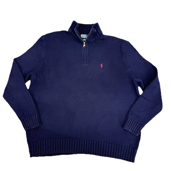 Vintage Polo Ralph Lauren Sweater Men 2XB 1/4 Zip Cotton Navy Blue 90s Chunky - Picture 1 of 7